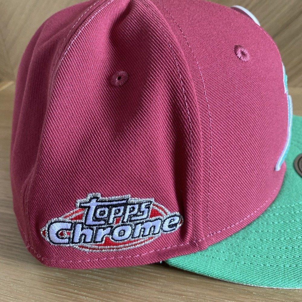 Topps Chrome Mitchell & Ness Tampa Bay Rays Pink Green Fitted 7 1/8 Hat Cap NEW! - Picture 3 of 8